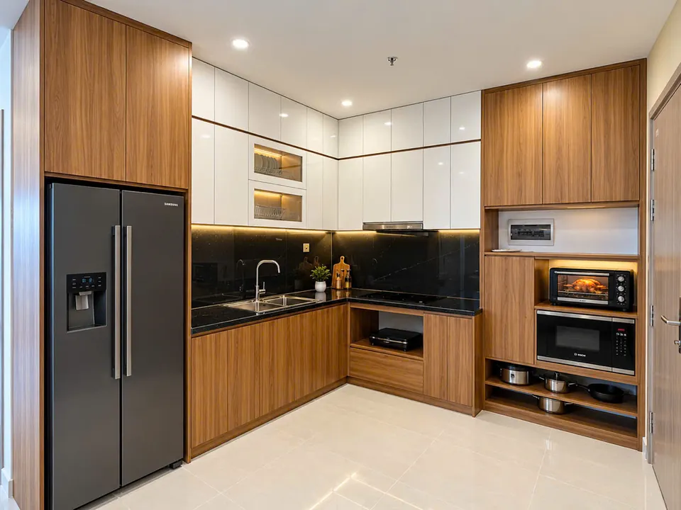 Tủ bếp chữ L vân gỗ, tủ lạnh side-by-side, lò nướng âm