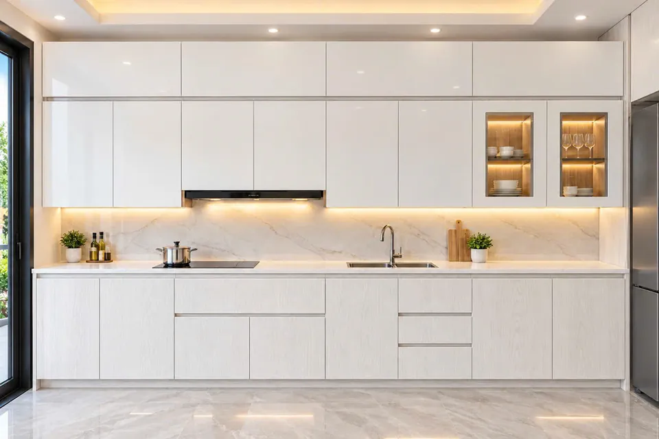 Tủ bếp chữ I trắng, tay nắm âm, tủ trên có ô kính