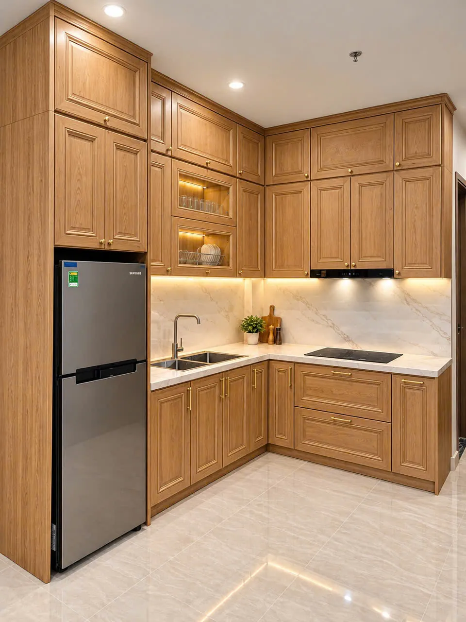 Tủ bếp chữ L gỗ cánh phào, tủ lạnh nhỏ